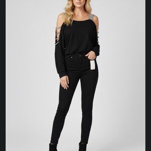 Flying Monkey Black Denim Jeans & Harper 241 cold shoulder shirt NWT 2 pc bundle